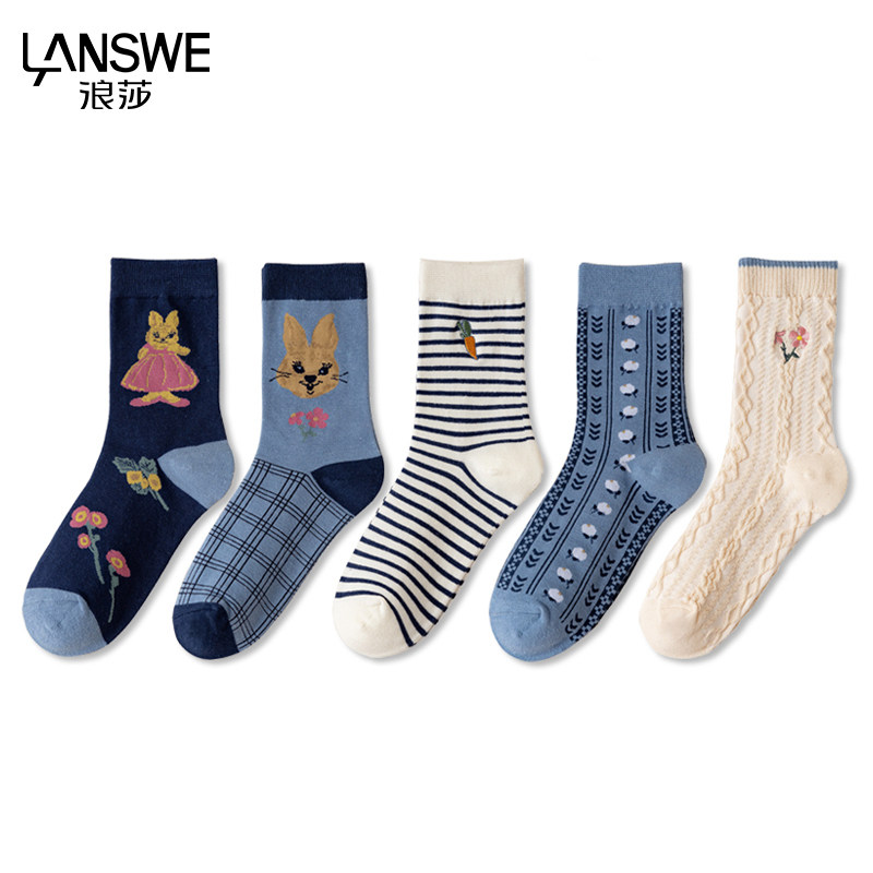 浪莎摩登袜子女秋冬天吸汗防臭精梳棉女士棉袜休闲中筒袜W6017