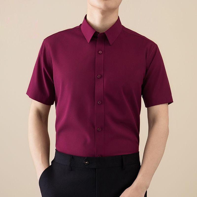 男士免烫酒红色短袖衬衫夏季薄款休闲商务韩版修身大码男装衬衣男