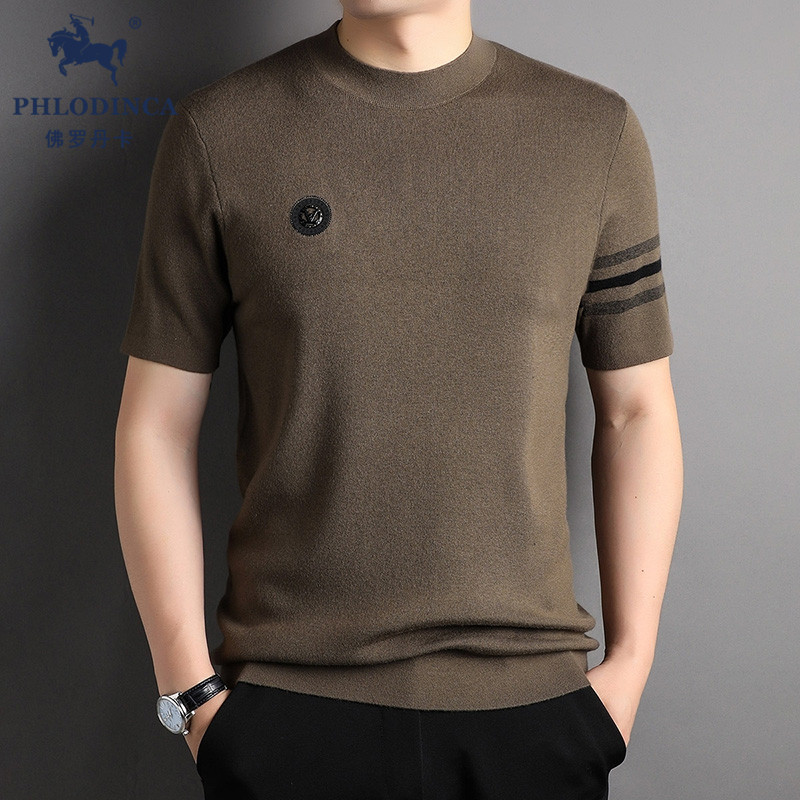 PHLODINCA 春秋季半高领针织短袖t恤男含羊毛中领潮流徽章打底衫