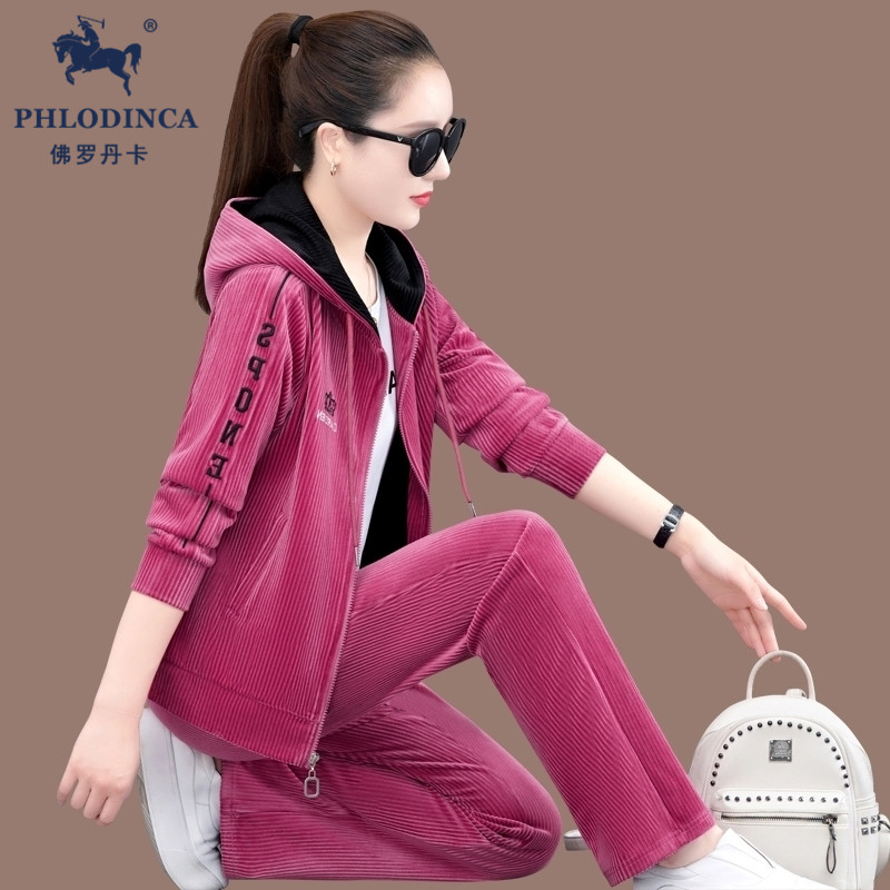 PHLODINCA 高级感灯芯绒休闲运动套装女品牌秋冬加厚卫衣两件套潮