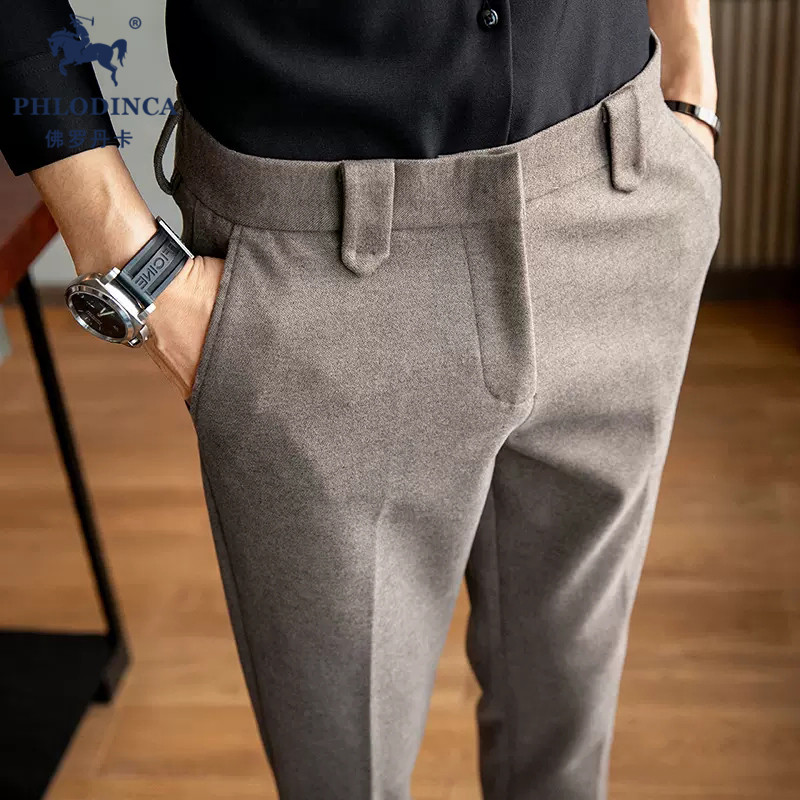 PHLODINCA 秋冬季加厚毛呢西裤男直筒修身韩版呢子料西装休闲长裤