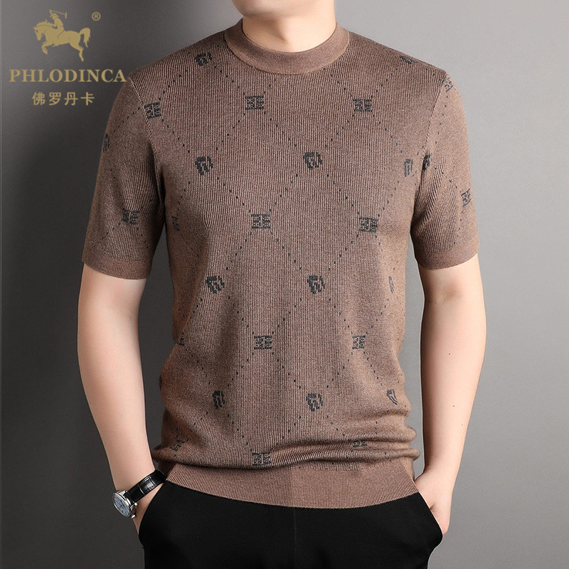 PHLODINCA 春秋季圆领厚款针织短袖t恤男含羊毛休闲打底体恤衫