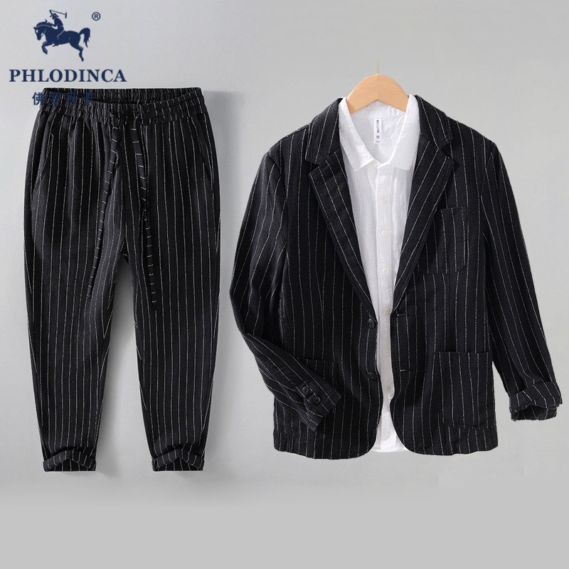 PHLODINCA 青年老钱风亚麻条纹西装男套装高端休闲薄款西服两件套