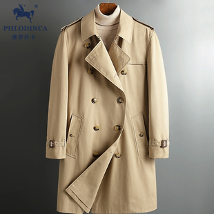 PHLODINCA 春秋季英伦风风衣男长款过膝休闲西装双排扣纯棉大衣