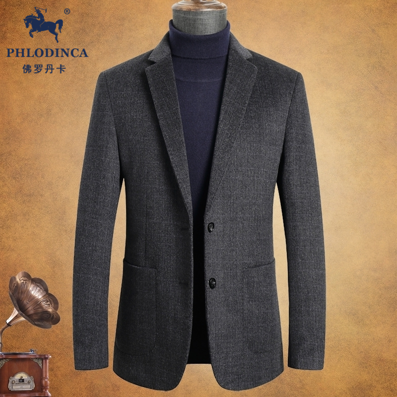 PHLODINCA 秋冬羊毛桑蚕丝西装男高级感商务休闲加厚毛呢西服外套