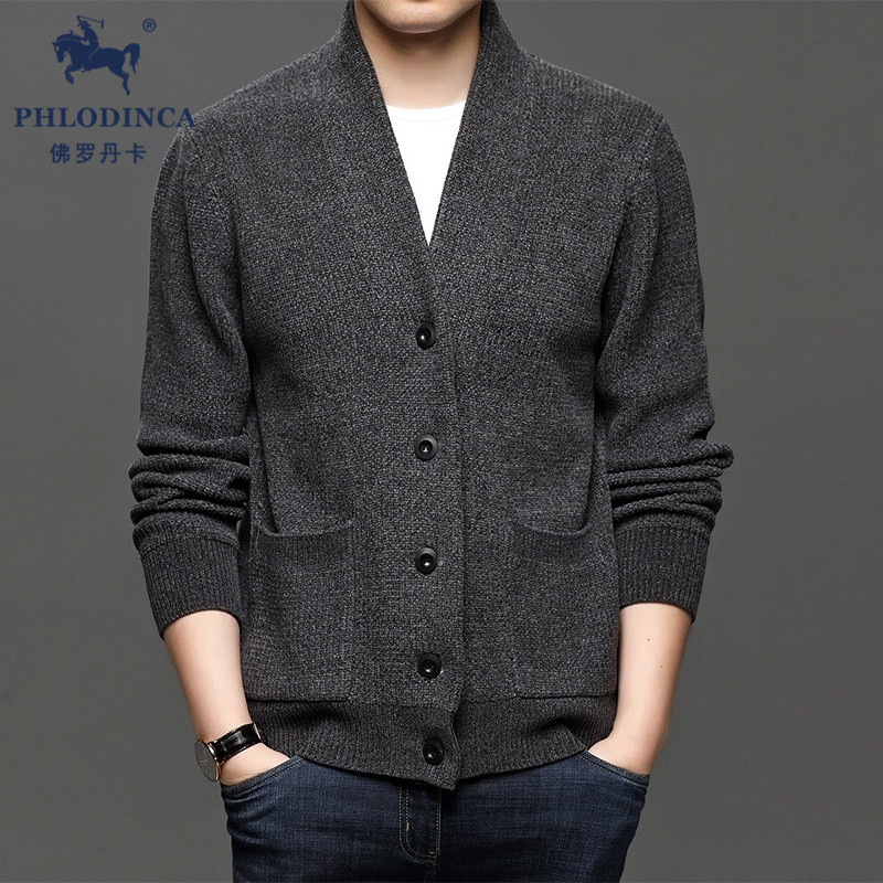 PHLODINCA 秋冬休闲V领纯色毛衣外套2025新款男长袖针织衫开衫