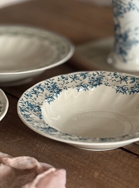 中古餐具草帽盘子外贸法式复古汤盘螺纹黑瓷菜盘深盘饭盘意面盘子