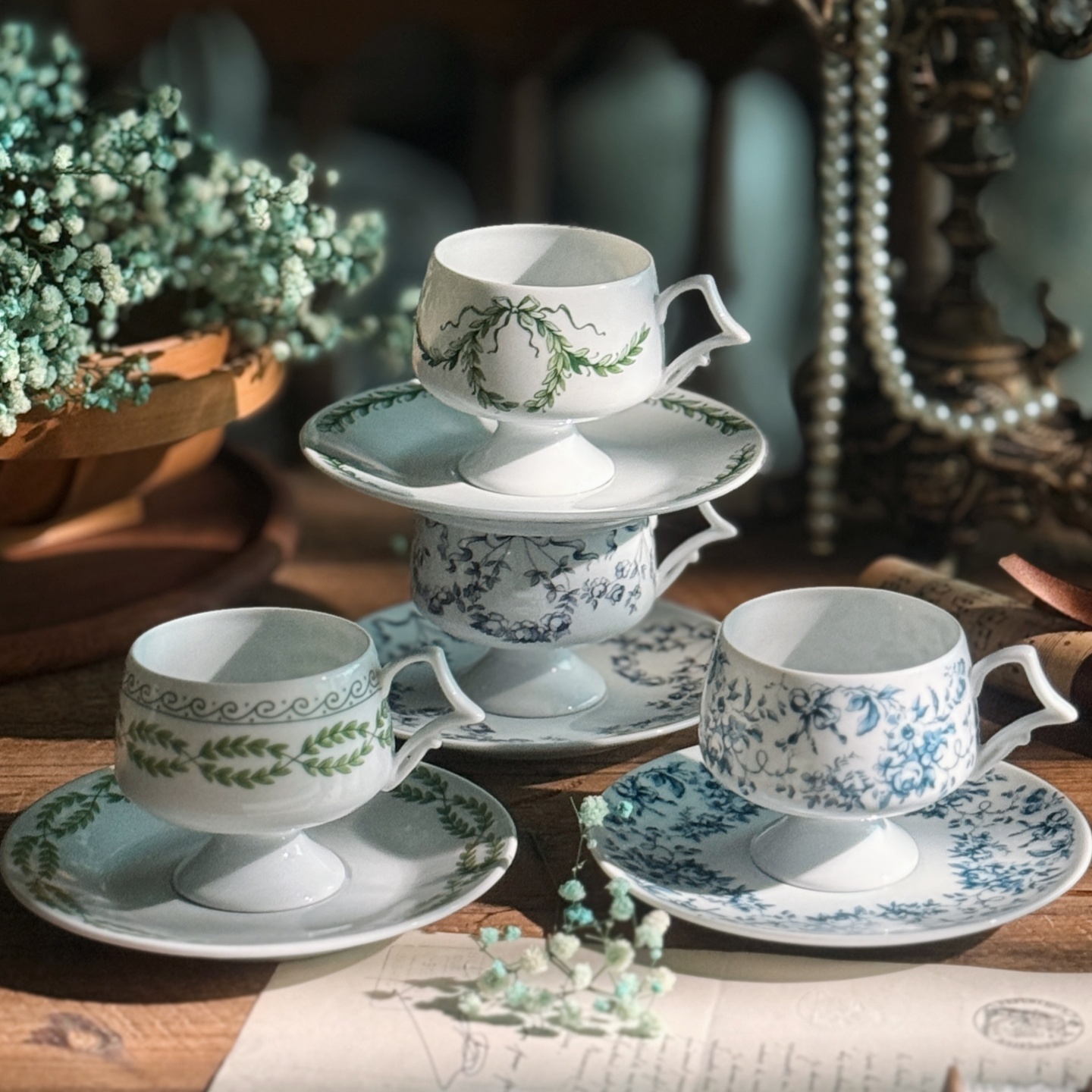 中古法式高脚杯碟套装陶瓷蛋壳薄骨瓷下午茶咖啡杯红茶早餐酸奶杯