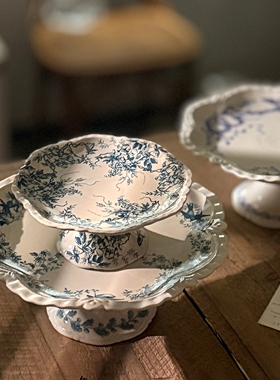 中古法式花边陶瓷高脚果盘圆形蛋糕点心盘复古黑瓷甜品碟餐盘菜盘