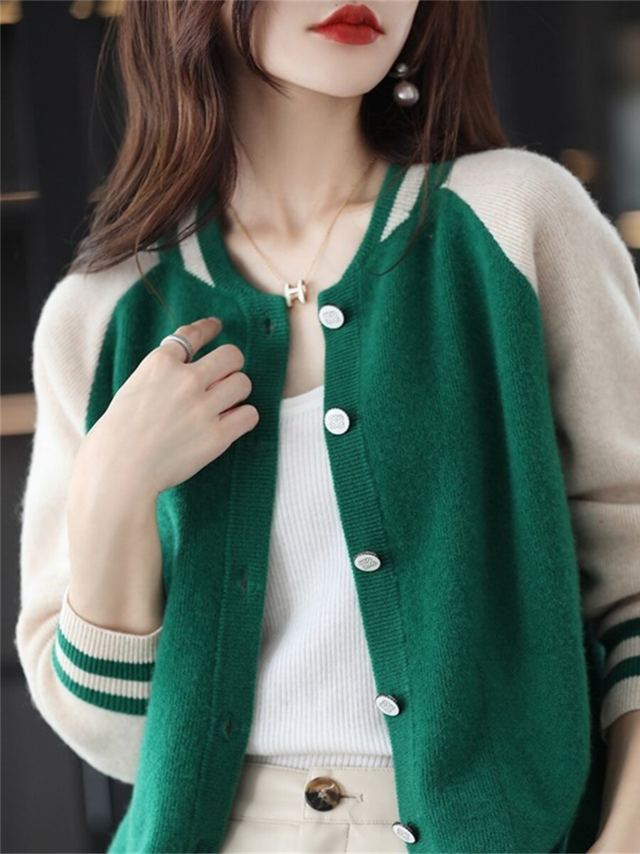 프랑스 가을 겨울 상품 새로운 다목적 싱글 브레스트 슬리밍 컬러 블록 라운드 넥 재킷 울 니트 가디건
