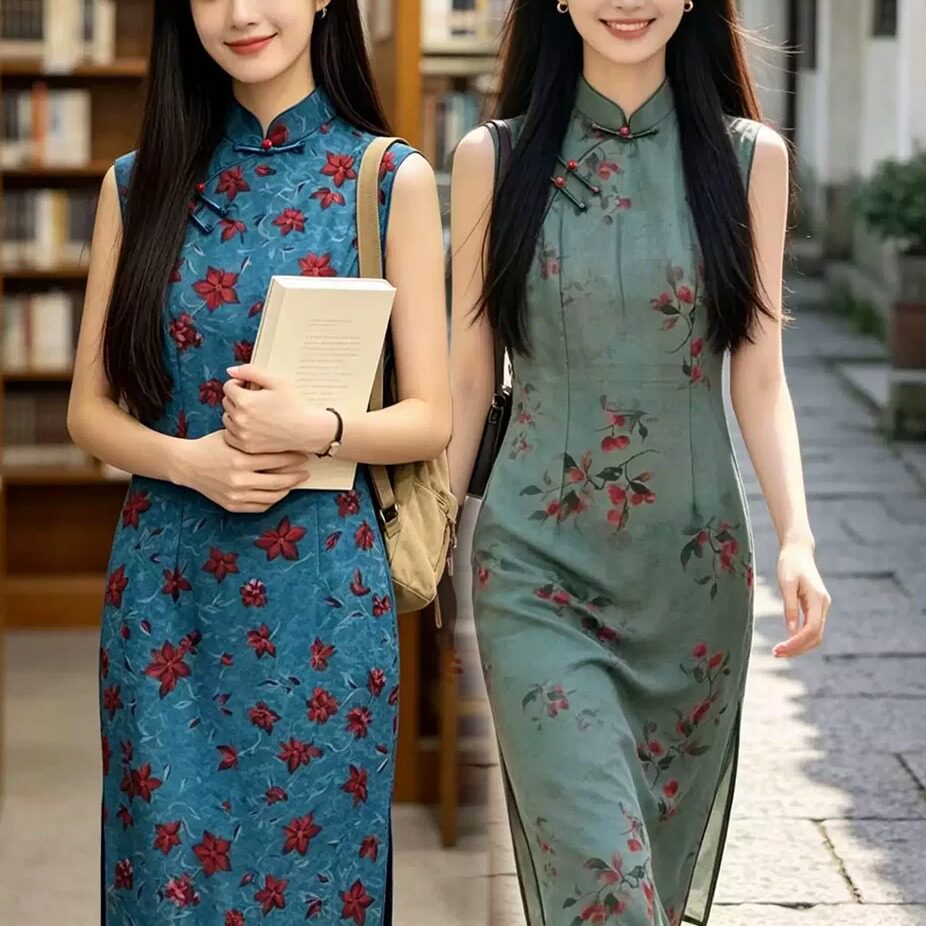 夏季早秋弹力网纱旗袍长款无袖女