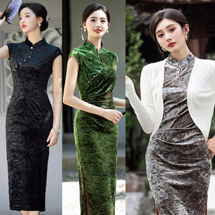 黑色旗袍中式2026年春季女老上海旧事丝绒复古显瘦改良日常连衣裙