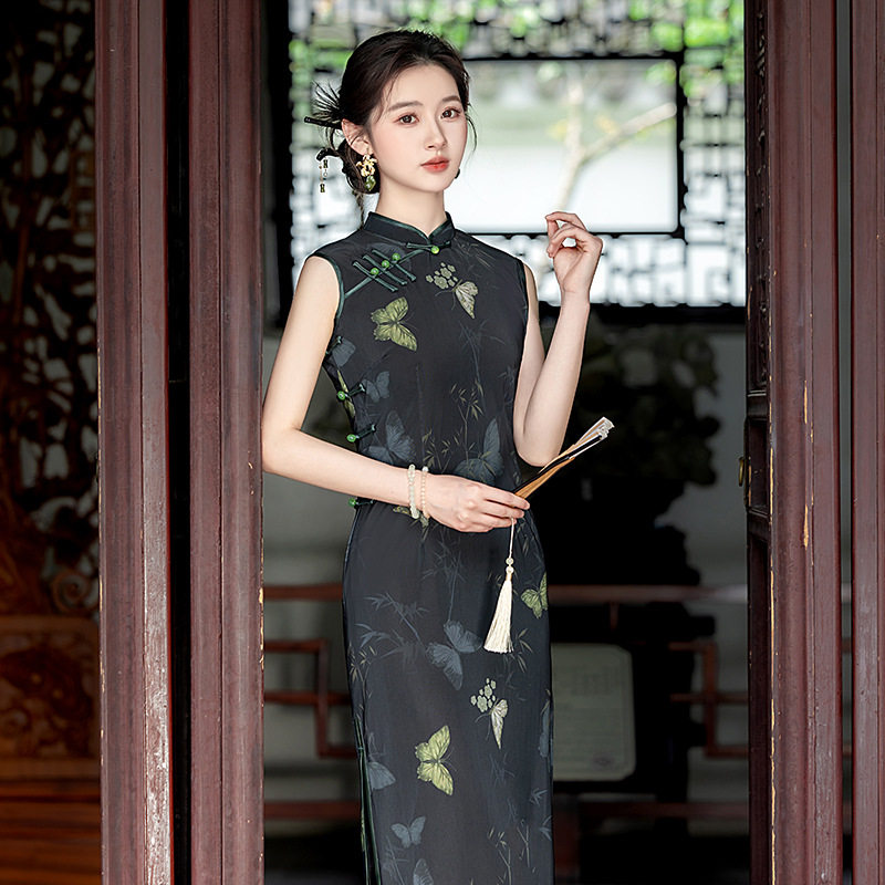 无袖改良黑色网纱旗袍女薄款复古旗袍2026夏新款气质年轻款连衣裙