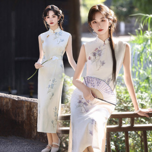 复古修身 白色蕾丝提花无袖 春夏新款 年轻款 显瘦旗袍 国风旗袍新中式