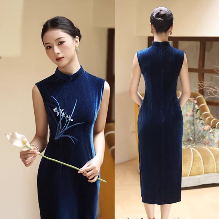 钻石绒绣花长款无袖港风旗袍2026初秋新款时尚改良新中式日常旗袍