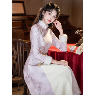 粉色奥黛旗袍冬装加绒加厚冬季长袖改良新中式国风女装小个子冬天