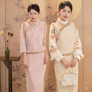 加绒加厚短款唐装马甲秋冬装国风新中式无袖旗袍上衣改良年轻款女