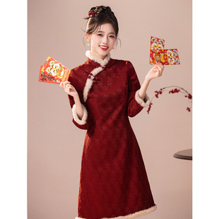 小个子旗袍冬装2025新款冬季红色连衣裙加绒加厚改良新中式长袖女