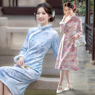 新中式加绒加厚A版旗袍连衣裙小个子冬日常改良绝美旗袍收腰显瘦