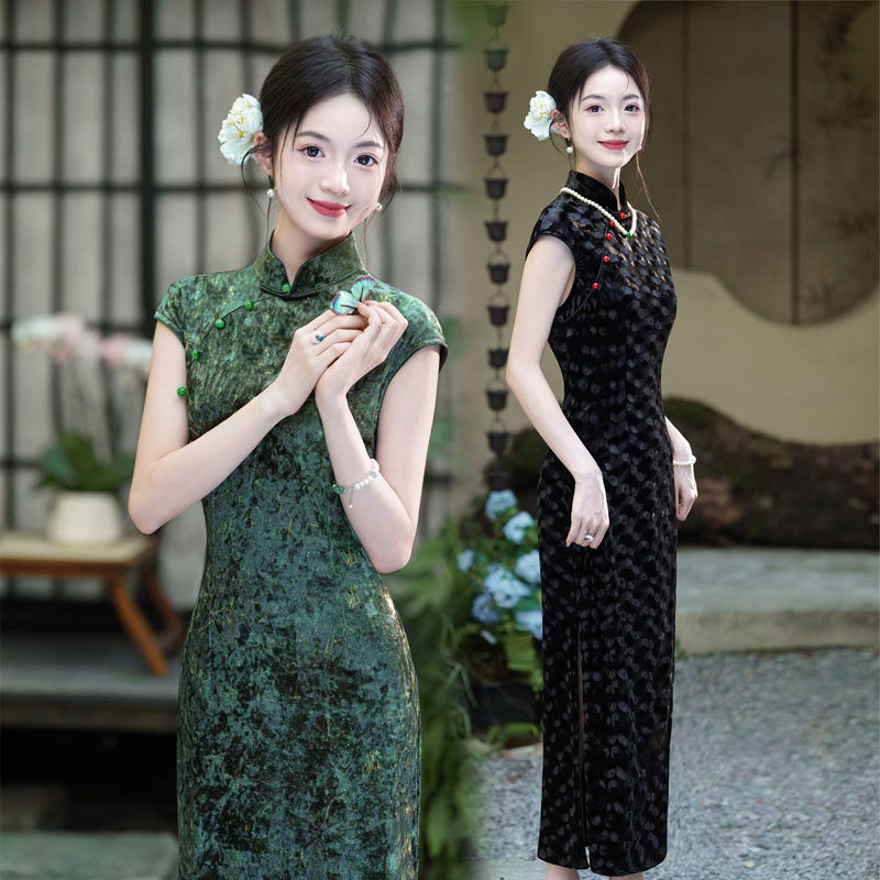 黑色新中式无袖旗袍老上海复古长款钻石绒2026早秋季新款日常旗袍