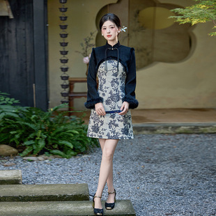 长袖拼接撞色短款旗袍小个子秋冬季日常年轻款少女旗袍A字连衣裙