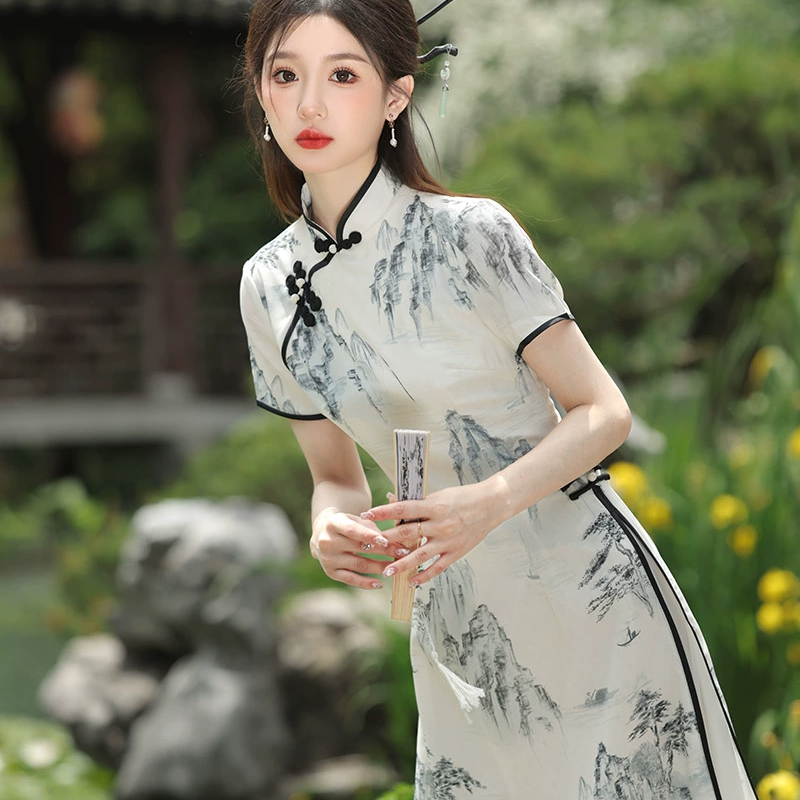 奥黛旗袍2025年新款优雅简约改良浅色新中式春款中国风年轻款水墨