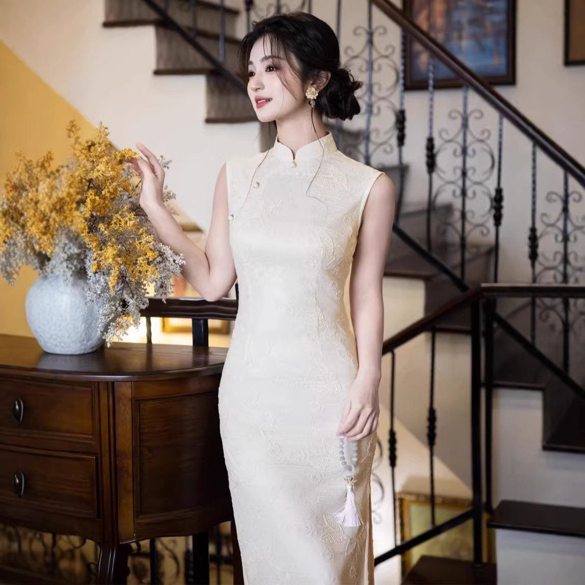 2026春夏新款旗袍网纱刺绣双层旗袍长款无袖气质优雅旗袍裙新中式