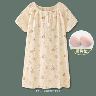 双层纯棉纱布睡裙夏季女款加大码短袖薄款睡衣女夏天家居服带胸垫