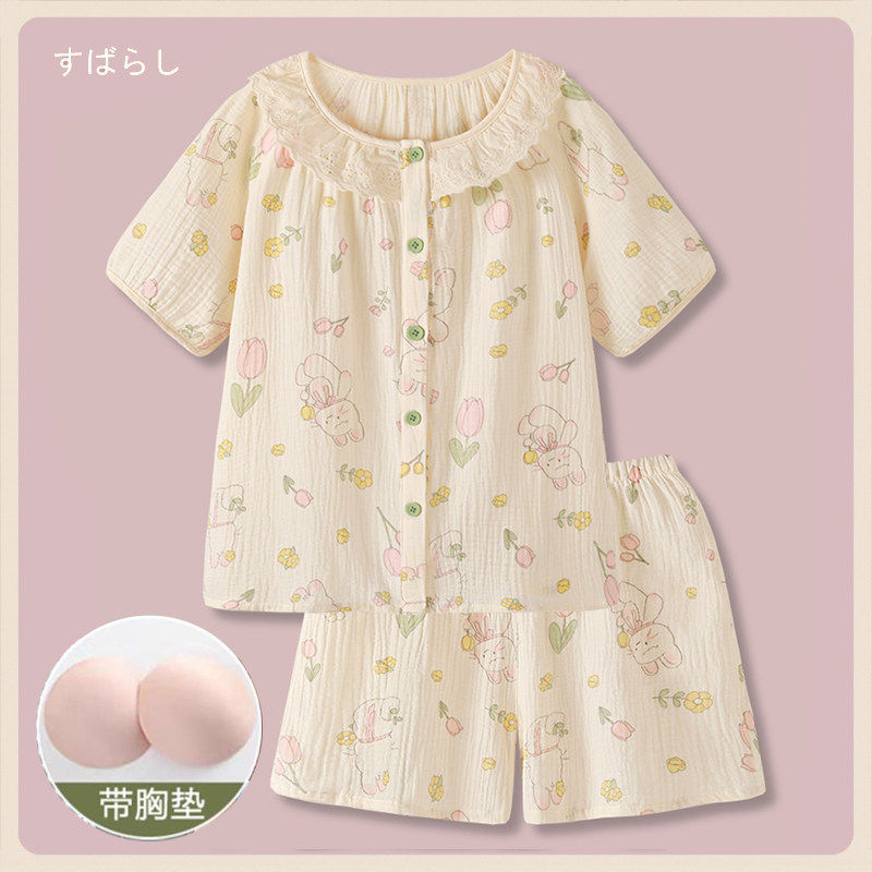 乳垫开衫纯棉双层棉婴儿棉纱布睡衣短袖短裤女秋夏透气全棉女套装