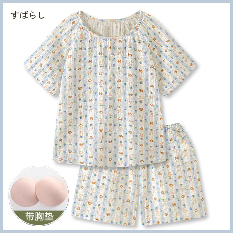 双层纱布棉睡衣女夏季纯棉短袖薄款可爱甜美夏天家居服婴儿棉套装