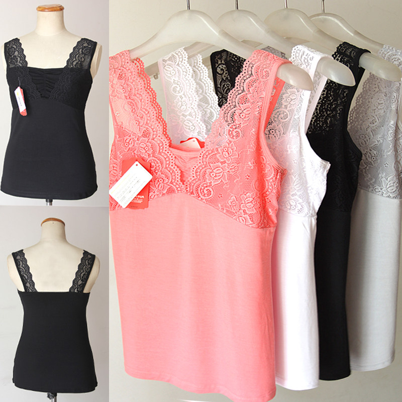 莫代尔女弹力蕾丝边吊带宽肩带背心无袖打底衫V和一字领修身内衣