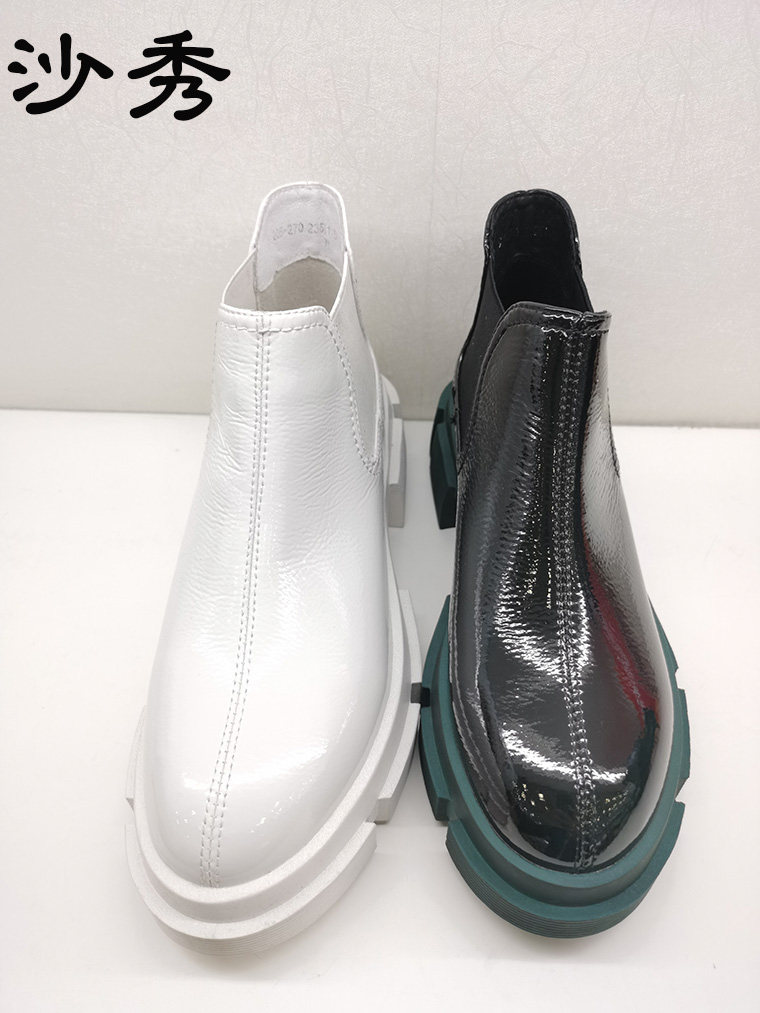 沙秀女鞋漆皮马丁靴女2021年秋季新款复古靴子粗跟玛丽珍厚底短靴