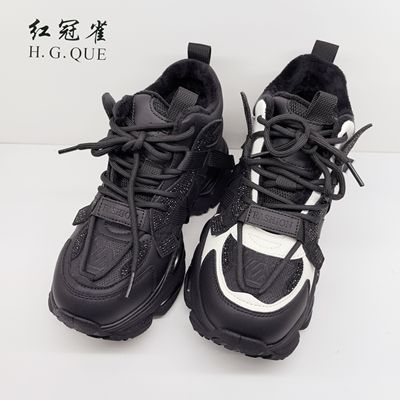 红冠雀女鞋2024冬季新款厚底增高水钻百搭休闲老爹鞋788-213女棉