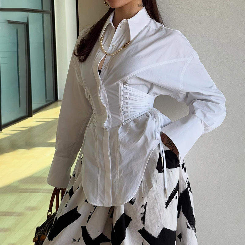 新款时尚休闲衬衫女2025秋季绑带收腰显瘦开衫高级感百搭翻领衬衣