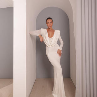 欧美风纯色气质修身收腰显瘦礼服长裙荡领性感包臀连衣裙长袖