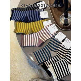 韩国进口女袜复古拼色条纹松弛卷边中筒女士棉袜 包邮 满五双