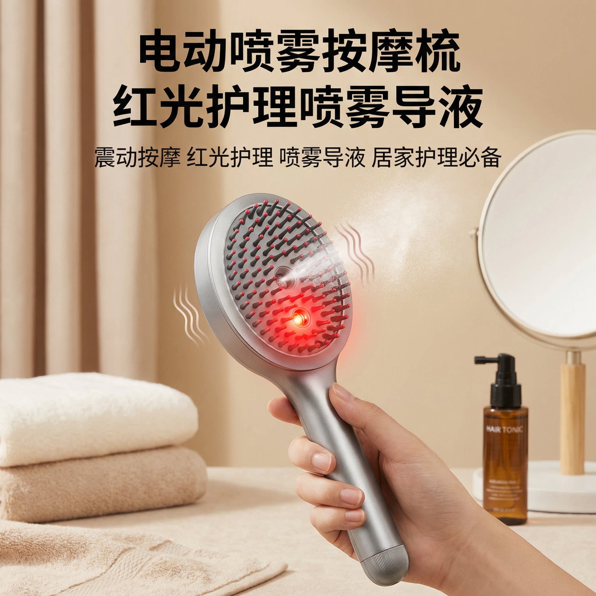 蒸汽雾养梳震动按摩红光精油雾化液晶显示屏头皮护理梳