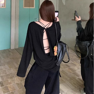 防晒松弛慵懒风宽松上衣ins潮 2025新款 小众后背镂空长袖 T恤女夏季