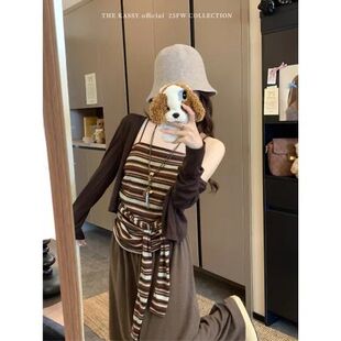 开衫 长袖 上衣绑带打底条纹抹胸两件套 小众复古防晒套装 2026春夏季