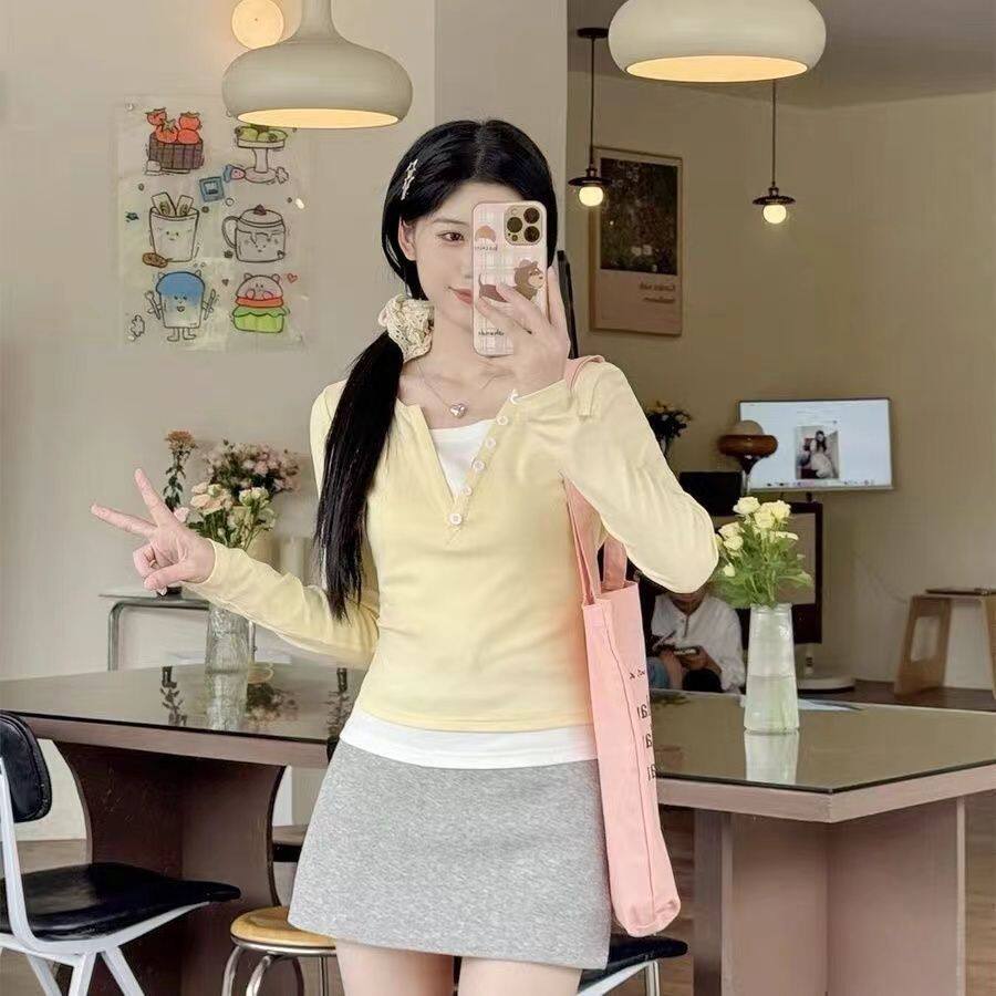 韩系假两件长袖t恤女春秋新款内搭打底衫独特别致正肩上衣ins潮流