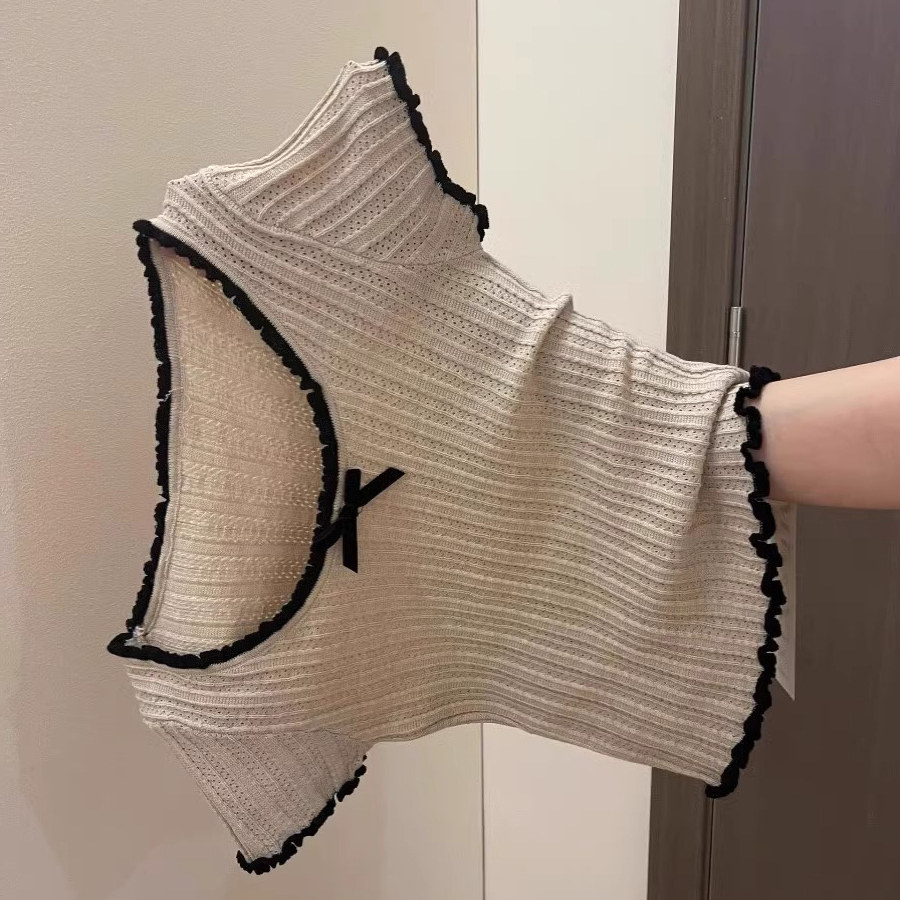 美式正肩撞色花边蝴蝶结冰丝针织短袖T恤女夏季紧身辣妹短款上衣