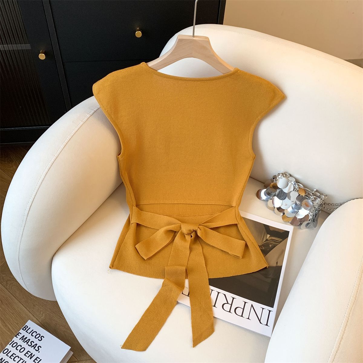 小众后背绑带短袖针织衫女夏季纯色百搭韩版方领修身显瘦纯色上衣