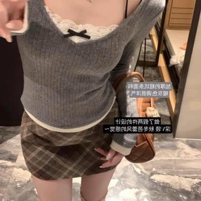 芭蕾风蕾丝假两件挂脖长袖T恤女春秋纯欲内搭短款拼接打底衫上衣