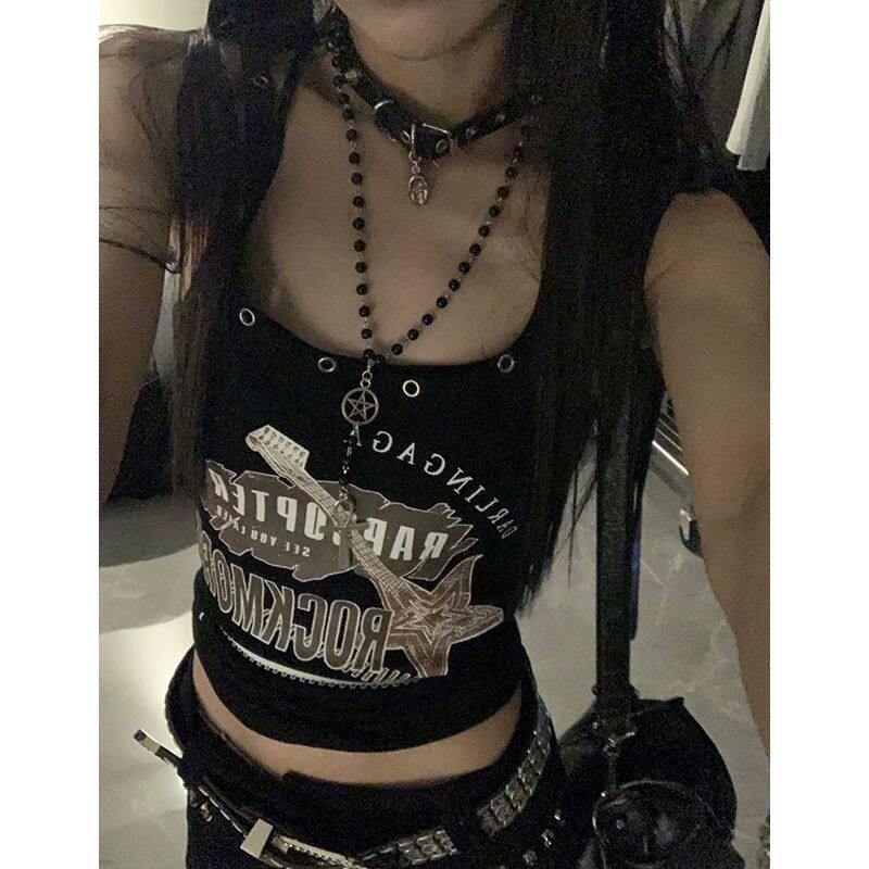 辣妹修身黑色显瘦吊带小背心女夏季摇滚朋克风y2k无袖t恤别致上衣