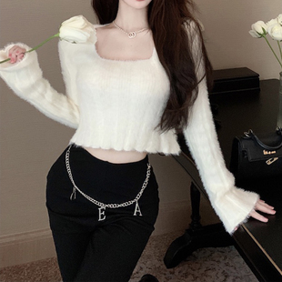 针织衫 仿貂毛2025秋冬季 毛衣内搭新款 设计打底衫 上衣女 方领短款