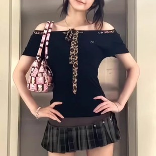 修身 2025年新款 新款 纯欲辣妹豹纹绑带斜肩短袖 上衣ins潮 T恤女夏季
