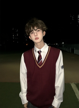 【刺篇】古都dk制服学院风酒红色马甲针织V领套头背心毛衣男坎肩