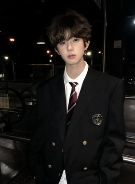 【刺篇】dk制服校供感上衣西装黑色蓝色男休闲外套双排扣西服套装