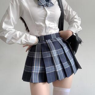 原创jk制服裙正版 凛 辣妹校供感蓝色深色36CM半身短格裙 刺篇