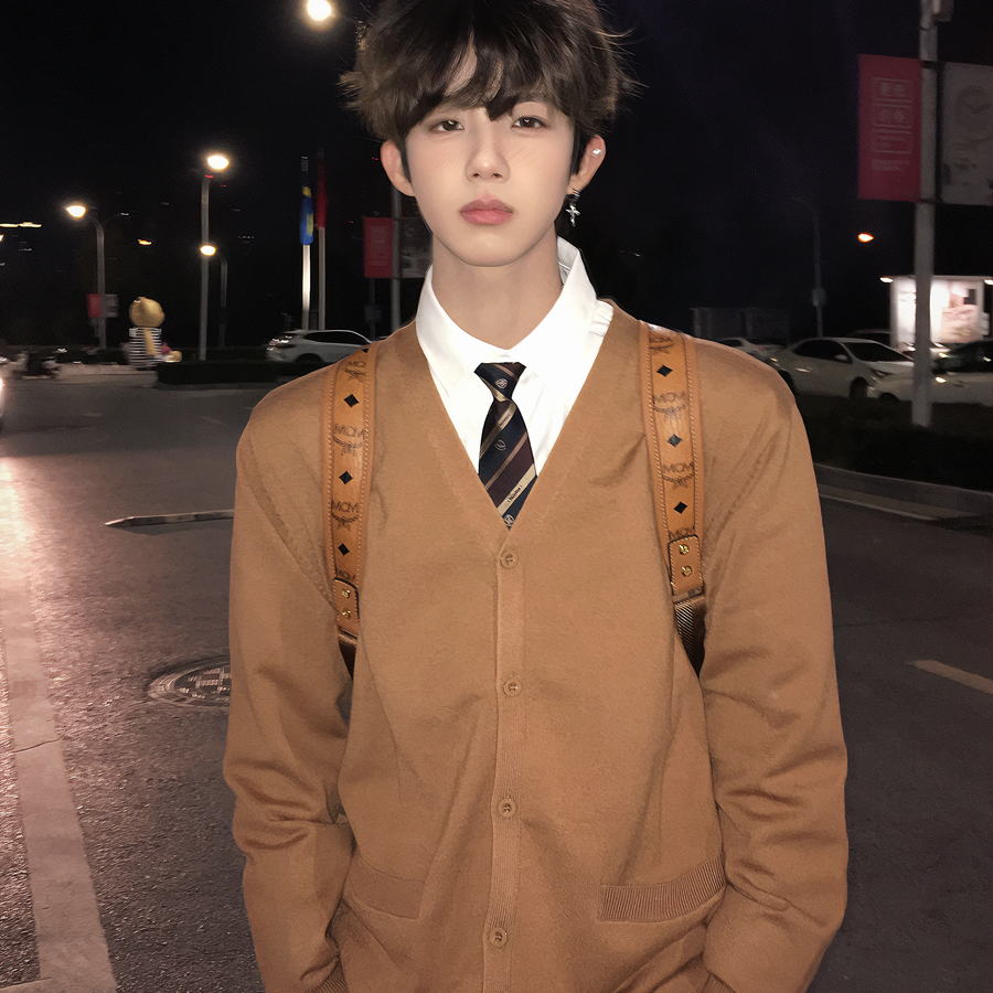 【刺篇】DK制服学院风长袖驼色针织衫上衣外套秋冬毛衣开衫套装男